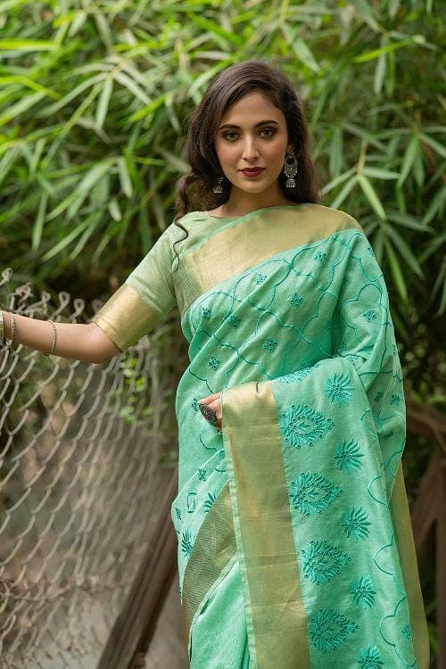 Spring Green Assam Silk Saree With Atteched Blouse
