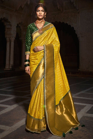 Kimora Delightful Butter Yellow Banarasi Saree