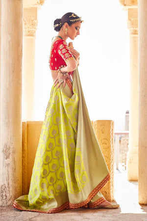 Kimora Chartreuse Green Banarasi Saree