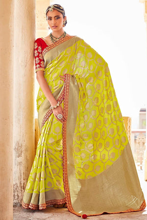 Kimora Chartreuse Green Banarasi Saree