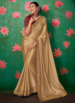 Kimora Beige Art Silk Embroidered Classic Saree