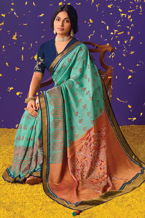 Kimora Aquamarine Blue Brasso Saree