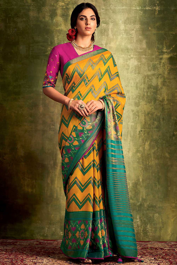 Kimora Flaxen Yellow Fancy Brasso Saree