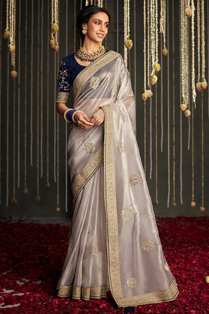 Kimora Cloud Grey Dola Silk Saree