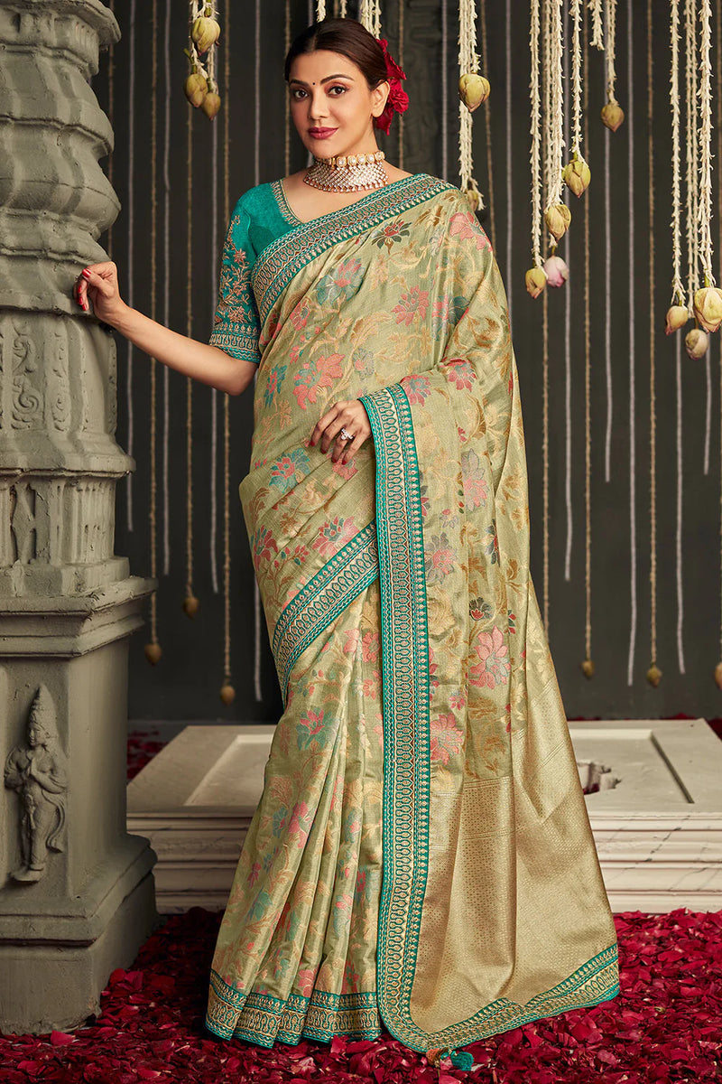 Olive Green Color Gaji Silk Weaving And Gota Pati Work Wedding Wear Saree  -4533155296