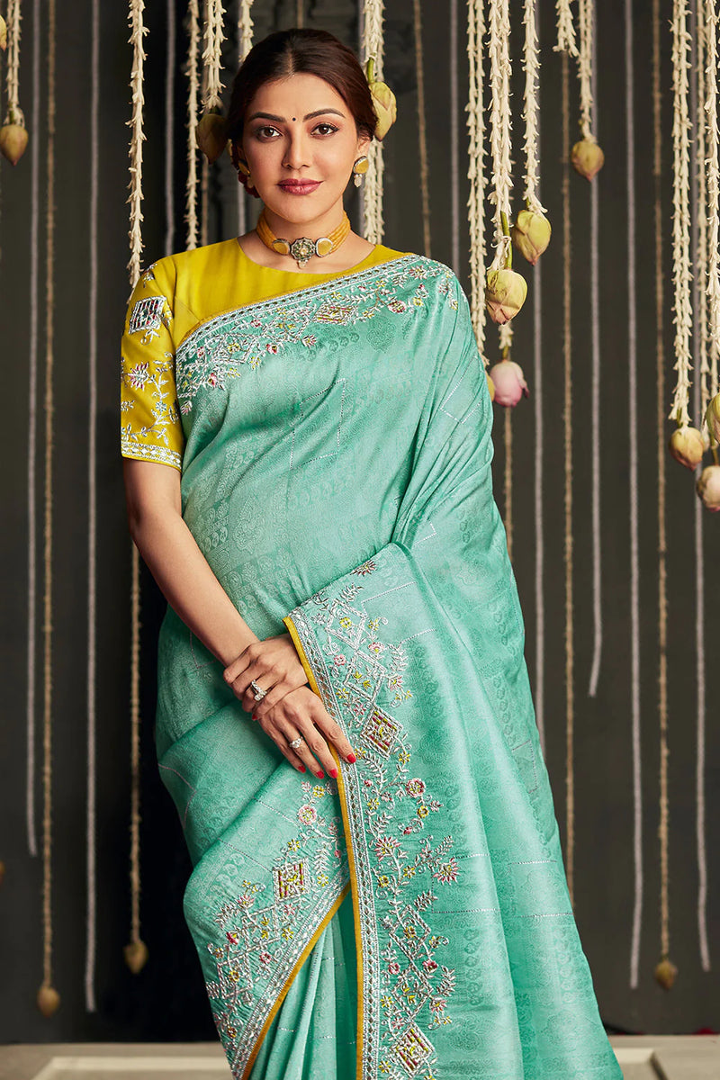 Designer Pista Green Kanjivaram Jacquard Silk Saree in Surat at best price  by DHAGA FASHION - Justdial