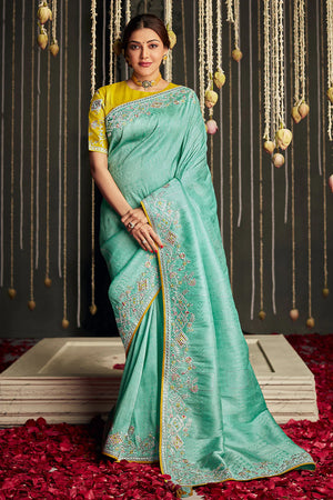 Kimora Marvelous Seafoam Green Dola Silk Traditional Saree