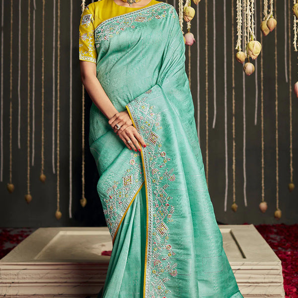 Pista Green Embroidered Tissue Silk Saree - Urban Womania