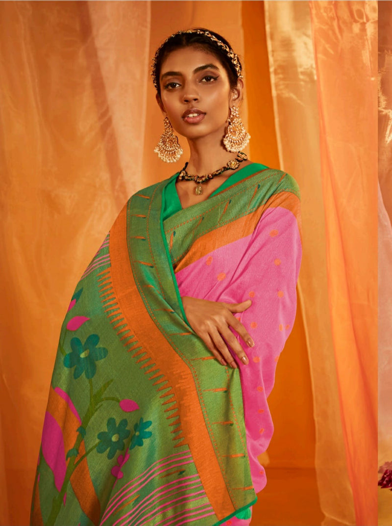 Kimora Vitality Pink Woven Paithani Silk Saree