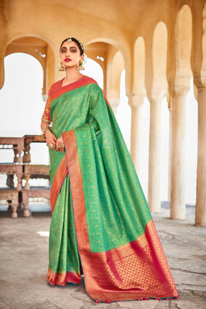 Kimora Green Colour Soft Kanjivaram Silk Saree With Designer Blouse