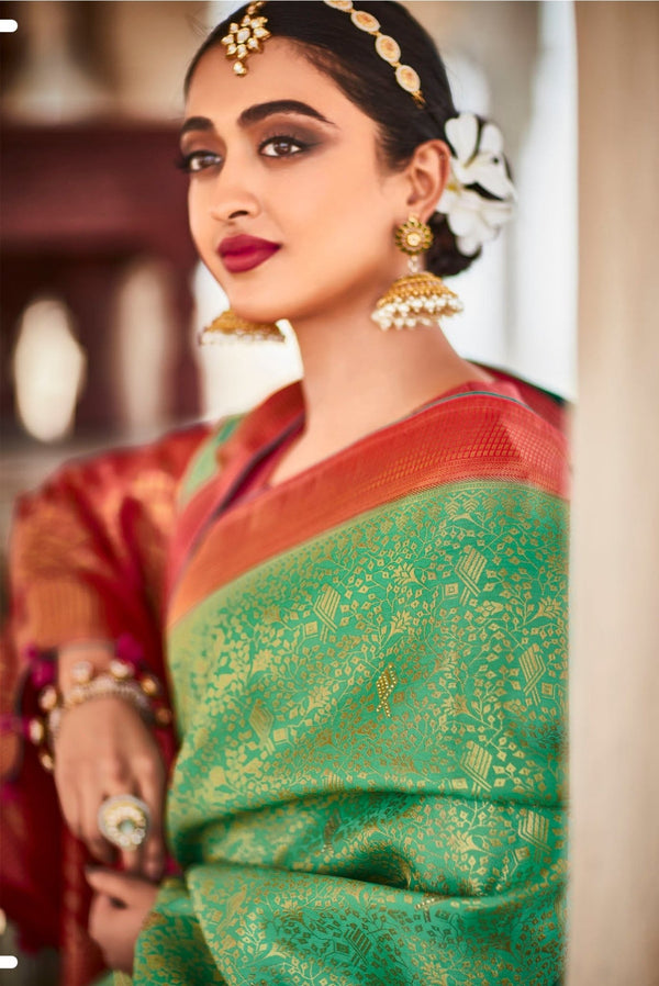 Kimora Green Colour Soft Kanjivaram Silk Saree With Designer Blouse