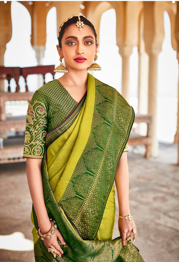 Kimora Green Colour Soft Kanjivaram Silk Saree With Designer Blouse