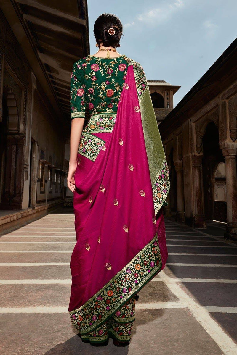 Kimora Magenta Pink Paithani Silk Saree With Flower Design Woven Border