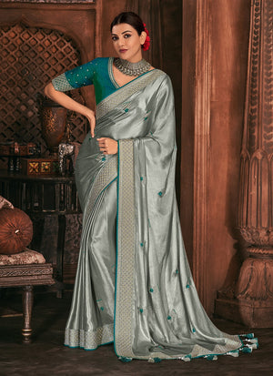 Kimora Pewter Grey South Silk Saree With Embroidered Blouse