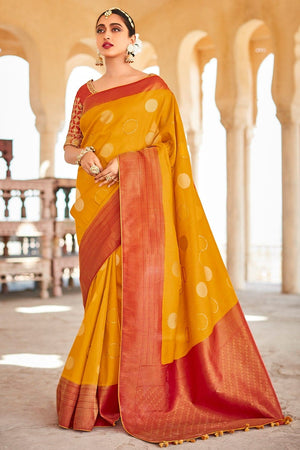 Kimora Bright Yellow Kanjivaram  Silk Woven Designer Saree