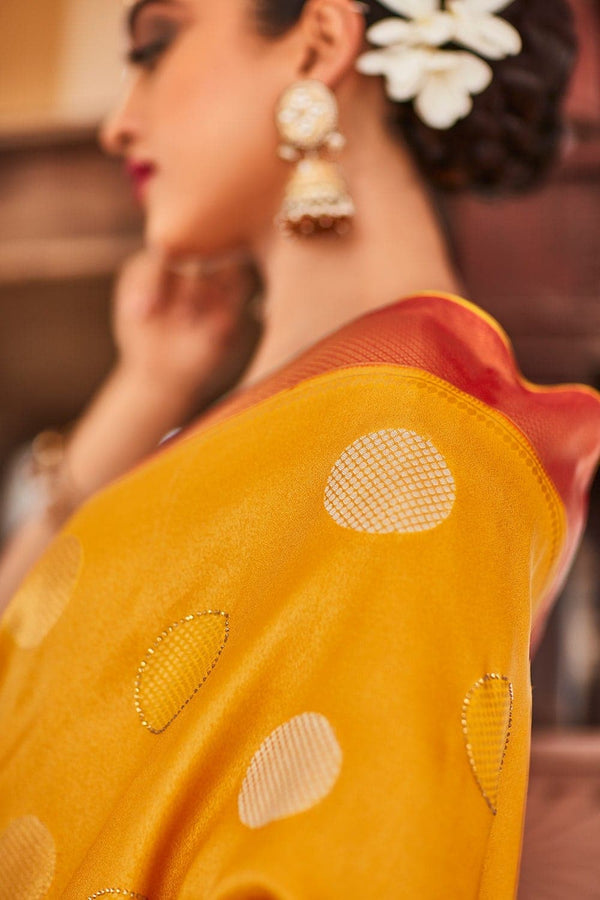 Kimora Bright Yellow Kanjivaram  Silk Woven Designer Saree