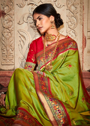 Kimora Pear Green Classic Banarasi Saree With Designer Blouse