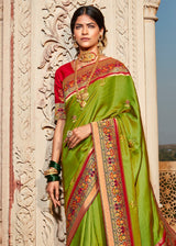Kimora Pear Green Classic Banarasi Saree With Designer Blouse