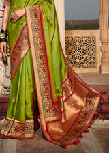 Kimora Pear Green Classic Banarasi Saree With Designer Blouse