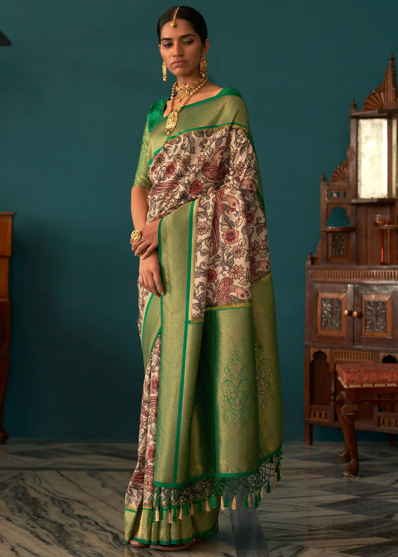 Kimora Hippie Green And White Woven Tussar Silk Kalamkari Saree
