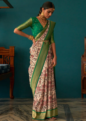 Kimora Hippie Green And White Woven Tussar Silk Kalamkari Saree