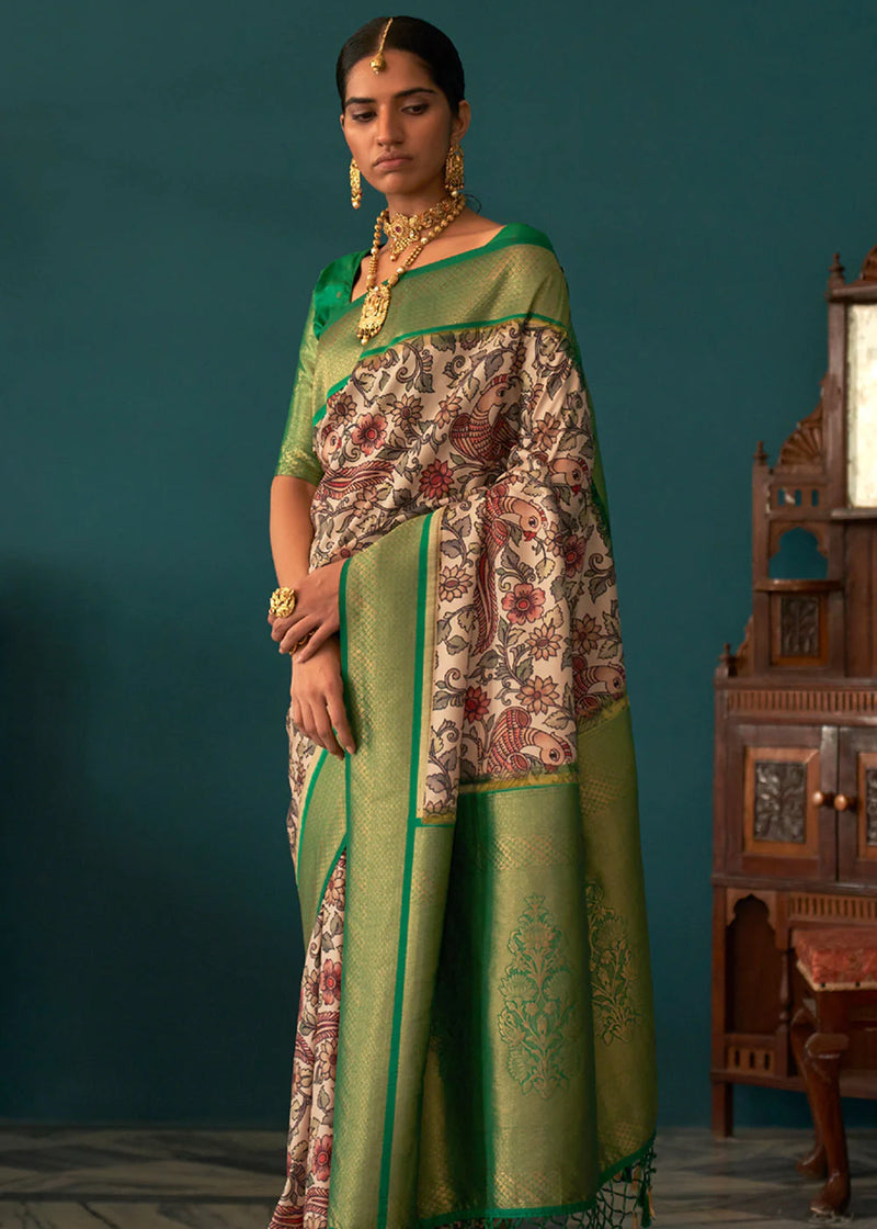 Kimora Hippie Green And White Woven Tussar Silk Kalamkari Saree