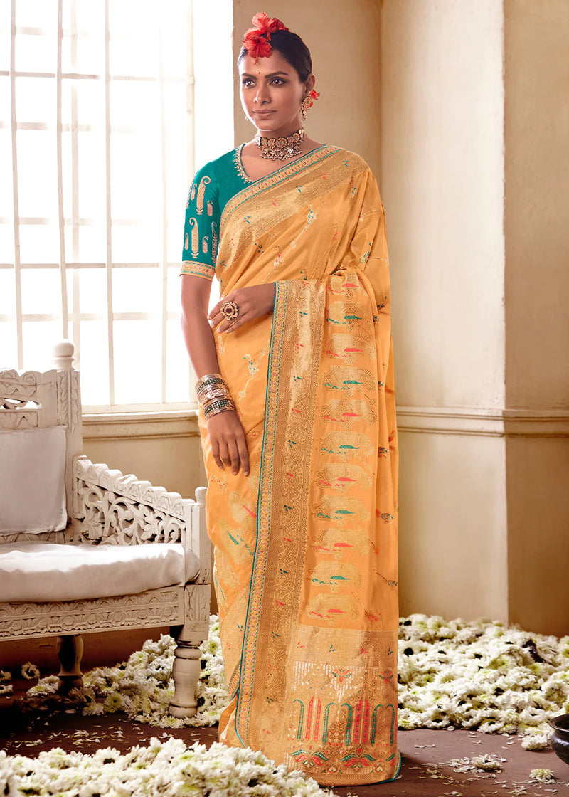Kimora Sandy Orange And Green Banarasi Saree With Designer Blouse