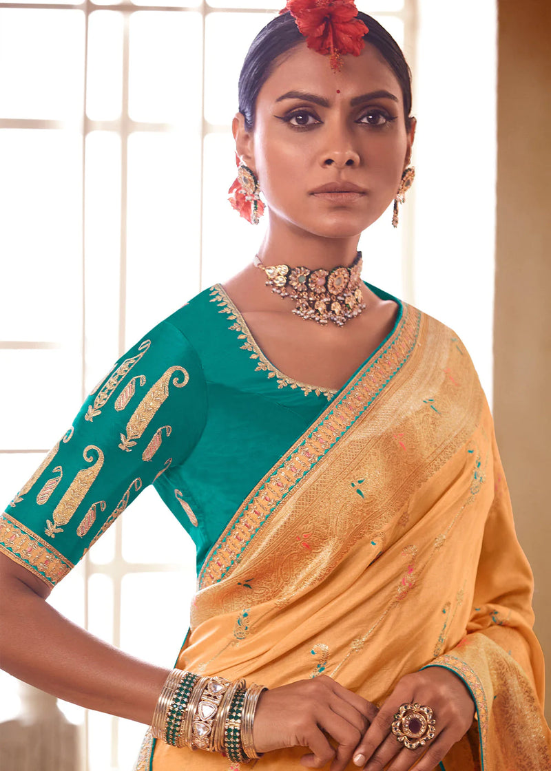 Kimora Sandy Orange And Green Banarasi Saree With Designer Blouse