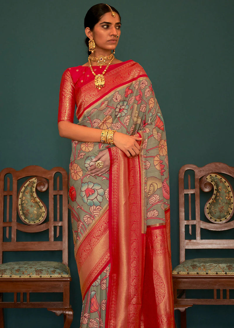 Banarasi Tussar Silk Saree in Elegant Natural Color with Cyan Borders –  Shobitam