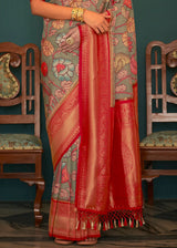 Kimora Norway Grey And Red Woven Banarasi Tussar Silk Kalamkari Saree