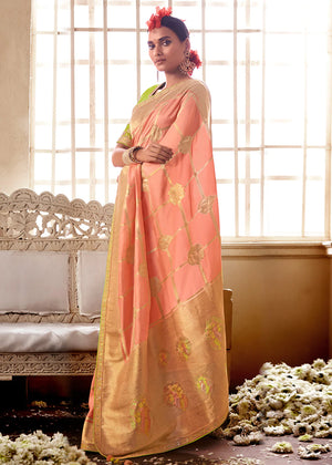 Kimora Tan Peach And Green Banarasi Saree With Designer Blouse