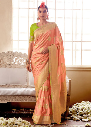 Kimora Tan Peach And Green Banarasi Saree With Designer Blouse