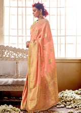 Kimora Tan Peach And Green Banarasi Saree With Designer Blouse