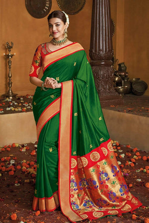 Kimora Bridal Green Gold Zari Woven Paithani Saree With Designer Blouse - From Paithani Brocade Fusion Collection