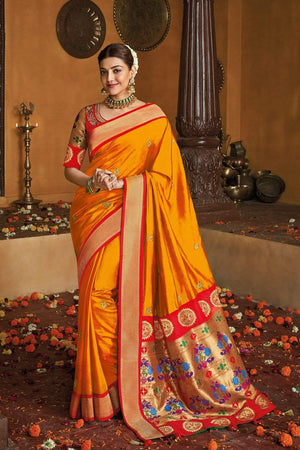 Kimora Bright Orange Woven Paithani Saree