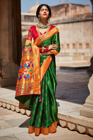 Kimora Superlative Forest Green Paithani Saree