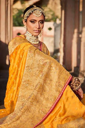 Kimora Dandelion Yellow Satin Silk Saree