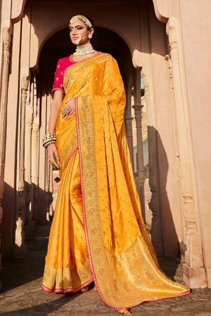 Kimora Dandelion Yellow Satin Silk Saree