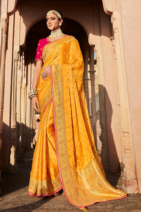 Kimora Dandelion Yellow Satin Silk Saree