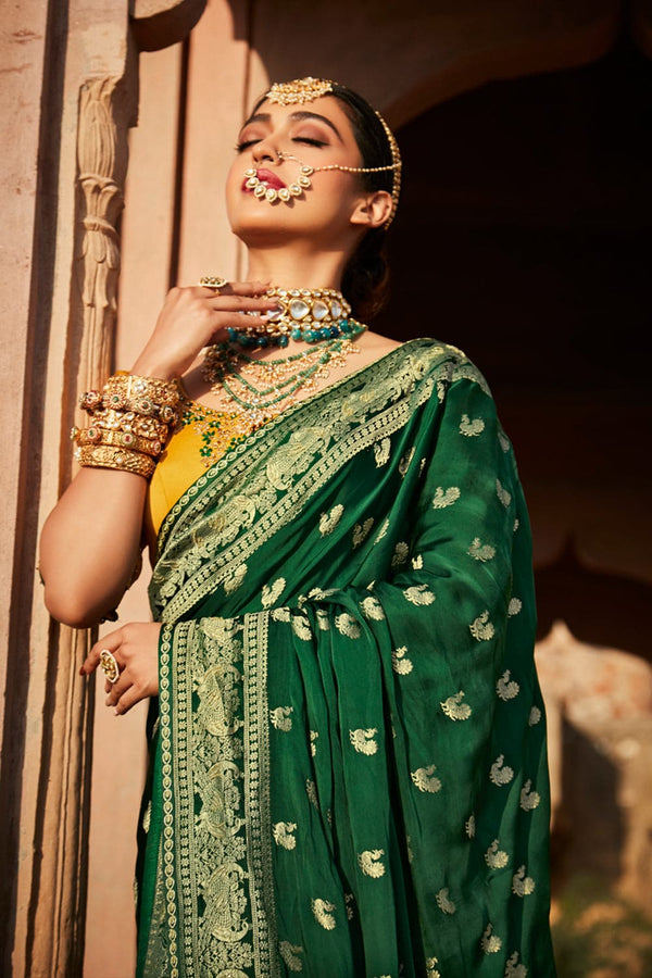 Kimora Forest Green Satin Silk Saree