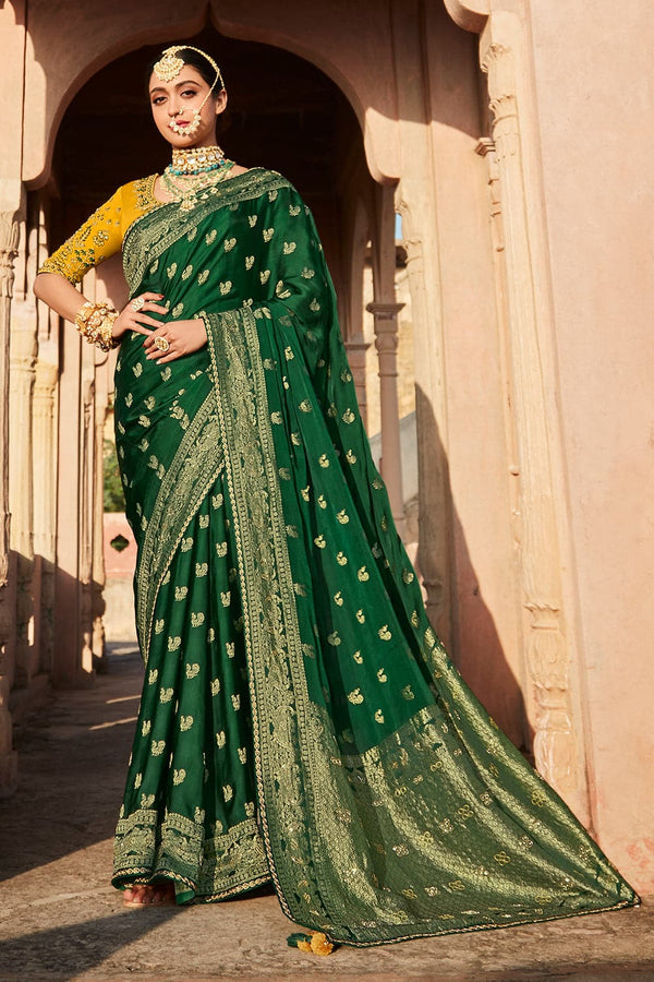 Kimora Forest Green Satin Silk Saree