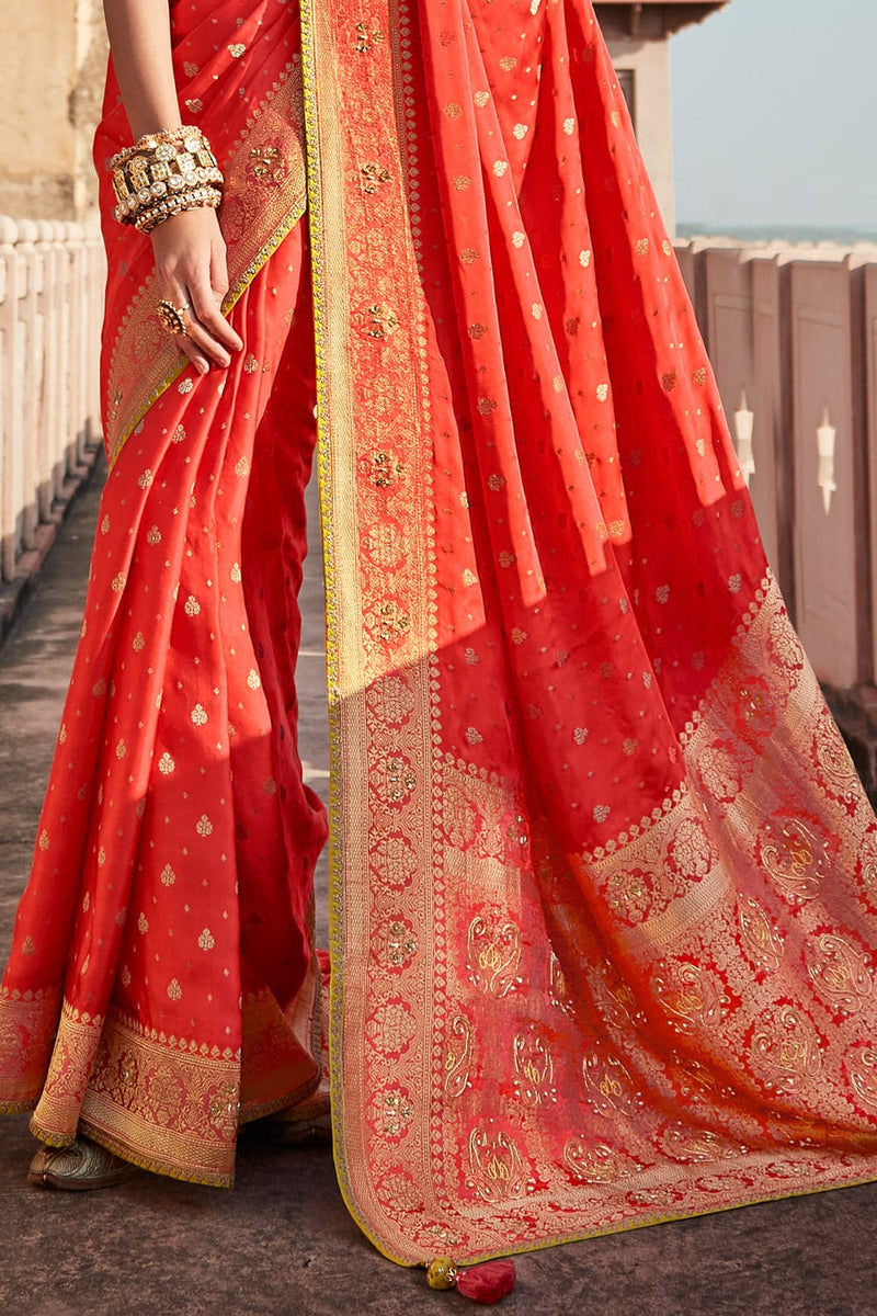 Kimora Tart Red Satin Silk Saree