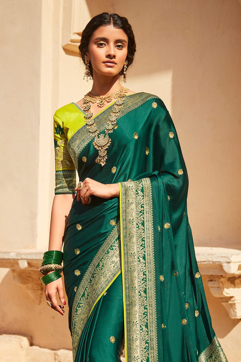 Kimora Bright Green Silk Woven Pallu Saree With Designer Blouse