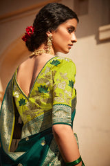 Kimora Bright Green Silk Woven Pallu Saree With Designer Blouse