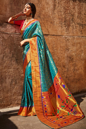 Kimora Lovable Turquoise Silk Saree