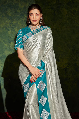 Kimora Bison Silver And Blue South Silk Saree