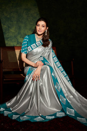 Kimora Bison Silver And Blue South Silk Saree