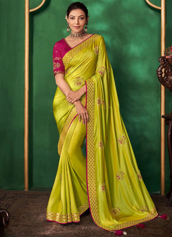 LIME GREEN GEORGETTE SILK SAREE WITH DESIGNER BLOUSE – Zaribanaras global